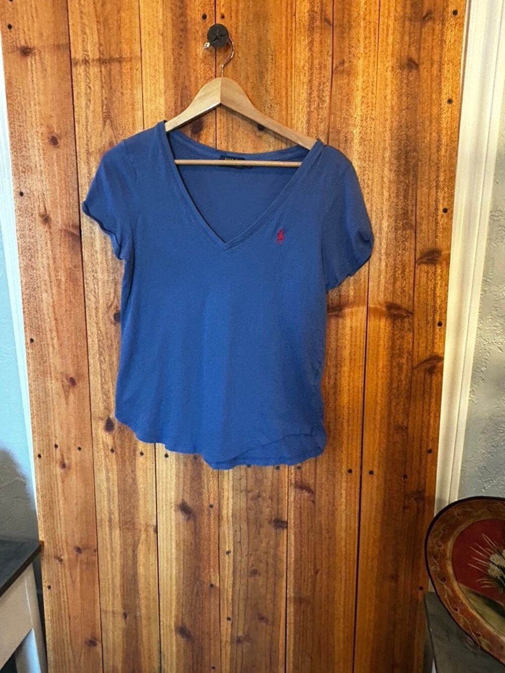 Polo Ralph Lauren Womens M Blue Red Pony Logo V-Neck Short Sleeve T-Shirt EUC